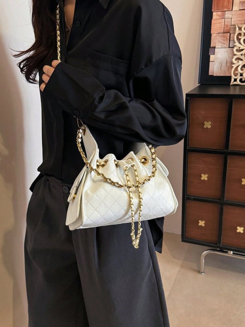 White Casual Women's Rhombus Embroidery Small Square Dual Chain Crossbody Bag